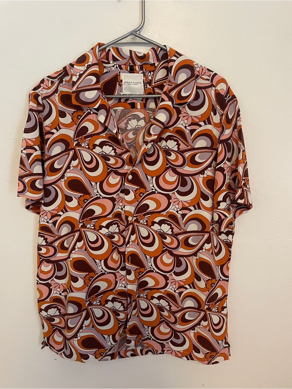 Denim & Flower Men's Retro Swirl Camp Shirt in Orange, Brown & Pink